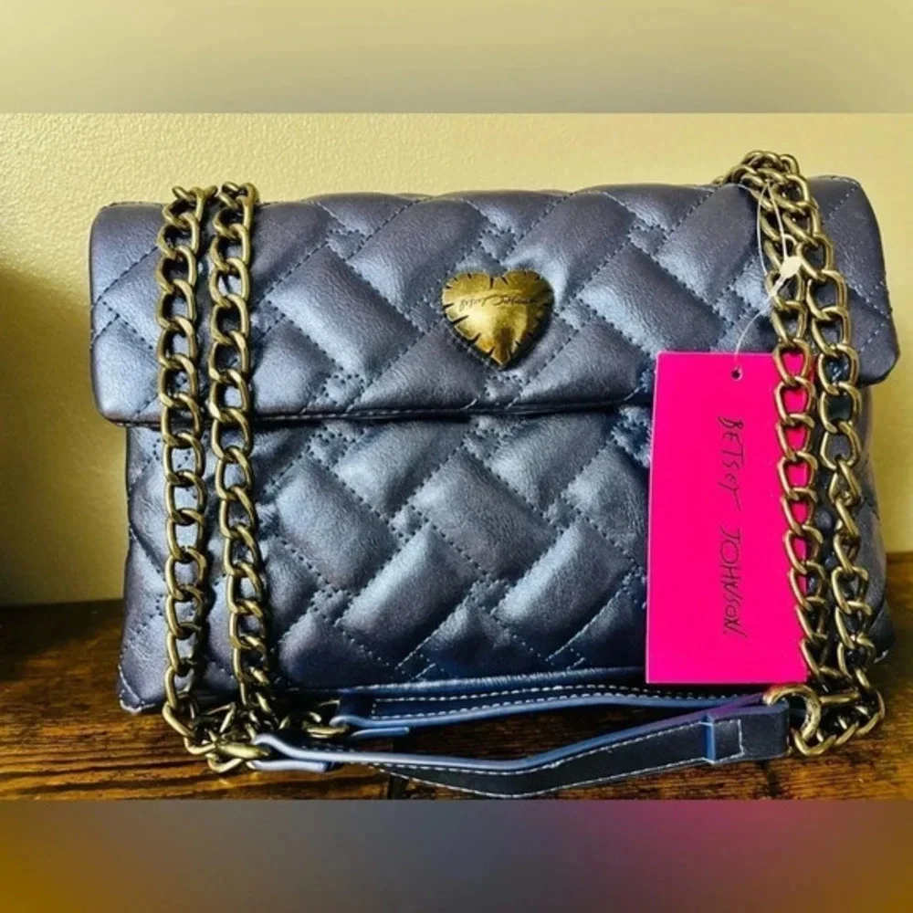 Betsey Johnson Xomaze Metallic Blue Quilted Shoulder Bag NWT